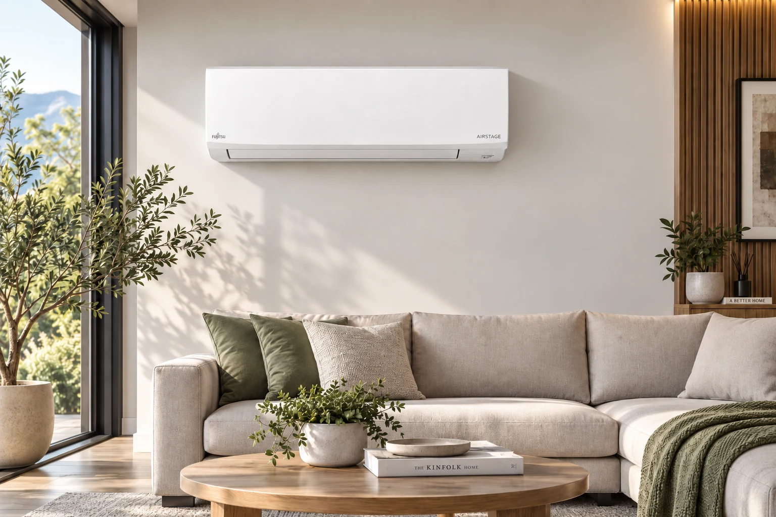 Бял климатик Fujitsu Airstage KJ в модерен светъл интериор